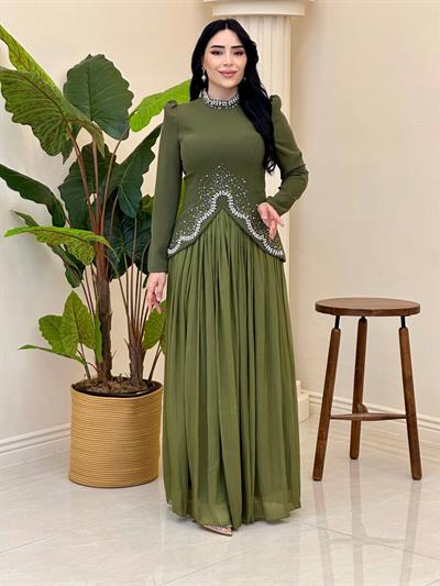 Bluzu Taşlı Organze Etekli Takım 5436 T-25 Yeşil