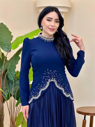 Bluzu Taşlı Organze Etekli Takım 5436 T-25 Lacivert