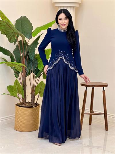 Bluzu Taşlı Organze Etekli Takım 5436 T-25 Lacivert