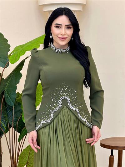 Bluzu Taşlı Organze Etekli Takım 5436 T-25 Yeşil