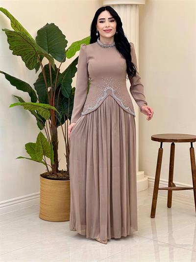 Bluzu Taşlı Organze Etekli Takım 5436 T-25 Vizon