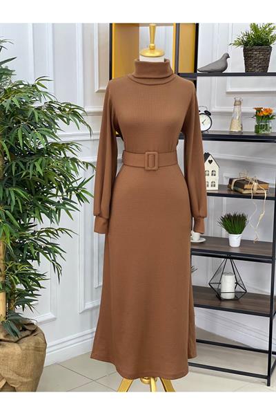 Boğazlı Gofre Elbise 1240 Kahverengi