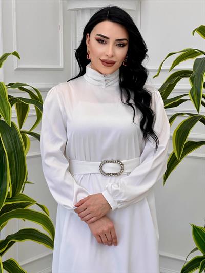 Bogazlı Saten Elbise 3101 T-24 Beyaz