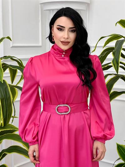 Bogazlı Saten Elbise 3101 T-24 Fuşya