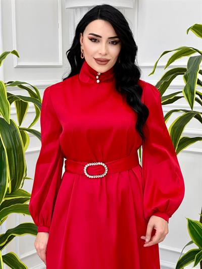 Bogazlı Saten Elbise 3101 T-24 Kırmızı