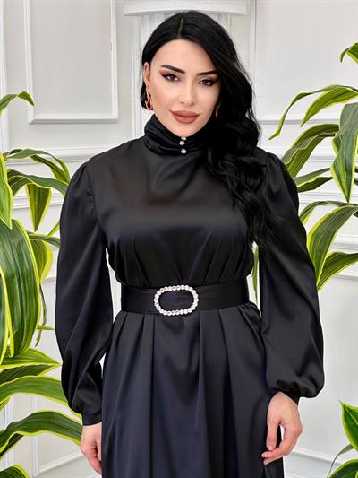 Bogazlı Saten Elbise 3101 T-24 Siyah