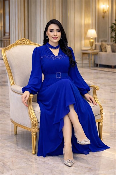 Boncuk Aplik Şifon Elbise 7040 T-26 Saks