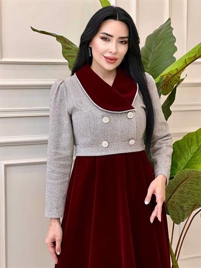Boncuk Biyeli Elbise 0412 t-24 Bordo