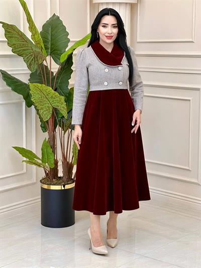 Boncuk Biyeli Elbise 0412 t-24 Bordo