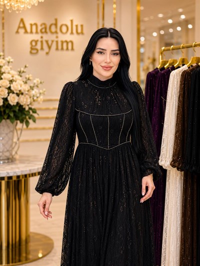 Boncuk Detay Balon Kol Tül Elbise 1807 T-26 Siyah