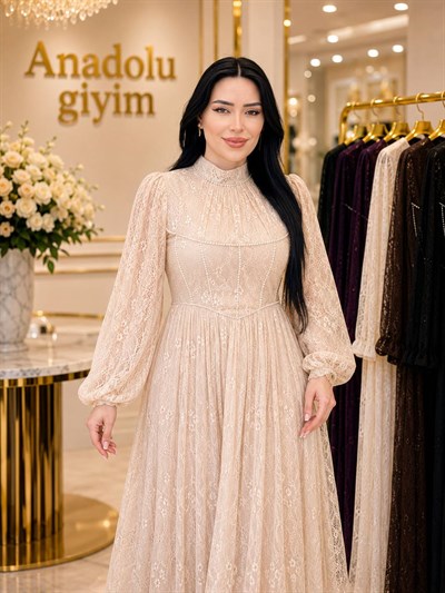 Boncuk Detay Balon Kol Tül Elbise 1807 T-26 Ekru