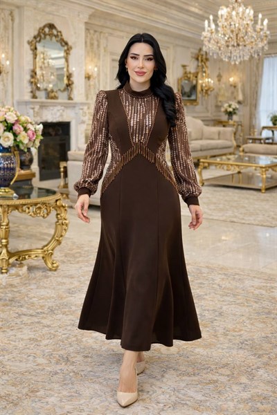 Boncuk İşleme Tül Kol Krep Elbise 7204 T-26 Kahverengi
