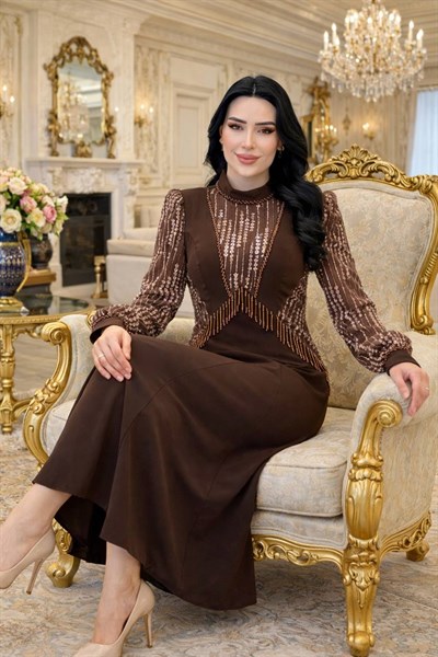 Boncuk İşleme Tül Kol Krep Elbise 7204 T-26 Kahverengi