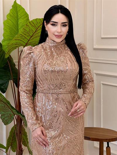 Boncuklu Tül Abiye Elbise 4865 E025 Gold