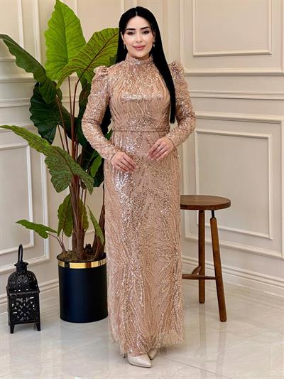 Boncuklu Tül Abiye Elbise 4865 E025 Gold