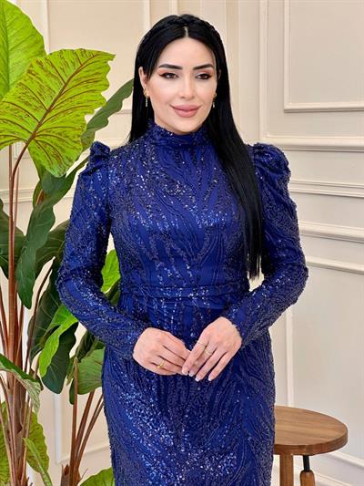 Boncuklu Tül Abiye Elbise 4865 E025 Lacivert