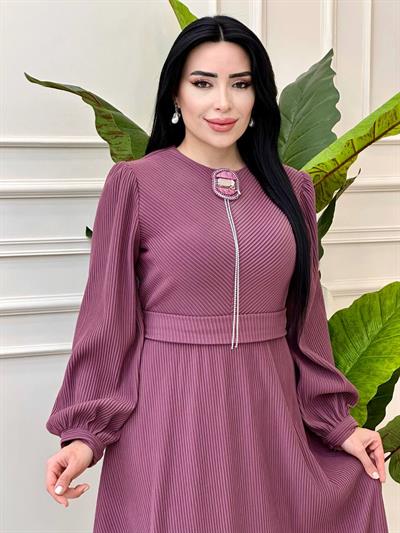 Broşlu Fitilli Elbise 1766 t-24 Rose