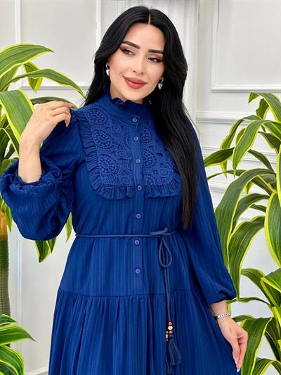 Bürümcük Kumaş Dantelli Elbise 9505 T-24 Lacivert