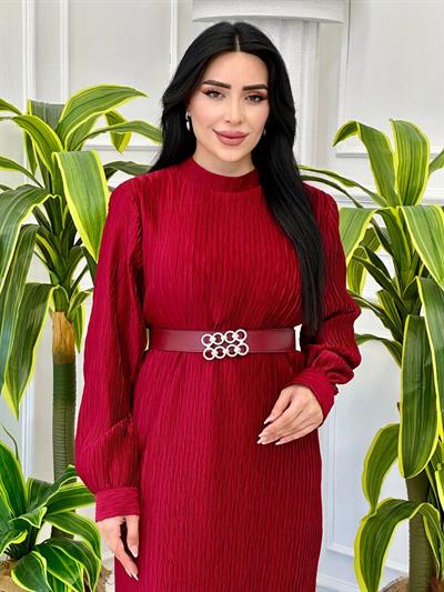 Büyük Beden Kemerli Elbise 4471 t-24 Bordo