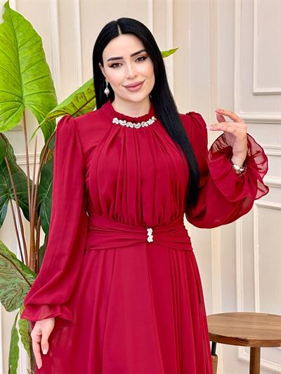 Büzgü Yaka Bel Taş Şifon Elbise 4801 Bordo