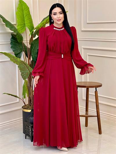 Büzgü Yaka Bel Taş Şifon Elbise 4801 Bordo