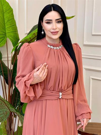 Büzgü Yaka Bel Taş Şifon Elbise 4801 Somon
