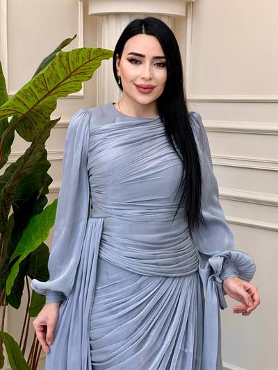 Büzğülü Kol Uçu Bağlama Abiye 4849 t-24 Gri