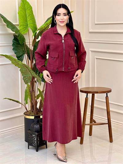 Büzme Detayli  Etekli Takım t025 Bordo