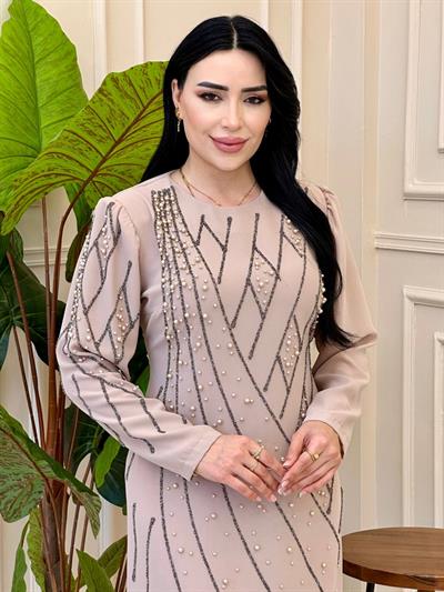 Çakma İnci İşleme Elbise 2100 e025 Bej