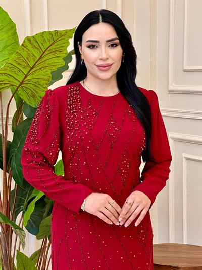 Çakma İnci İşleme Elbise 2100 e025 Bordo