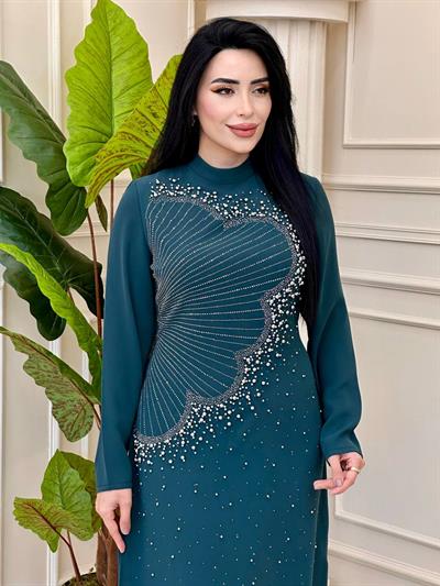 Çakma İnci İşleme Krep Elbise 2102 t-24 Zümrüt Yeşil