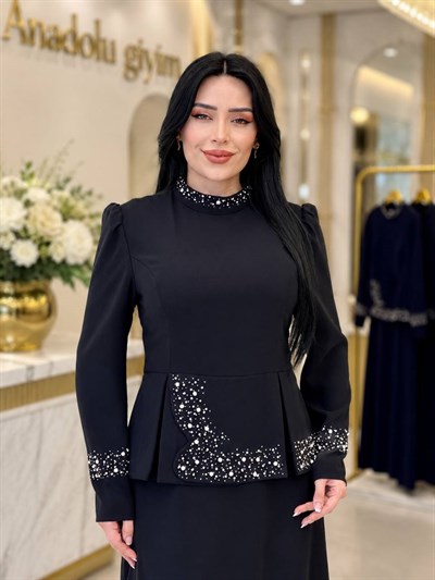 Çakma Taş Takım Görünümlü Elbise 3022 T-26 Siyah