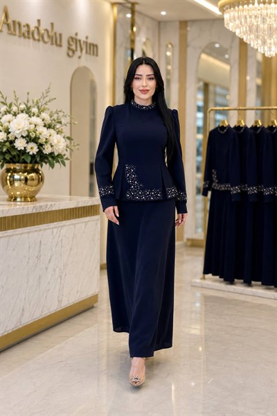 Çakma Taş Takım Görünümlü Elbise 3022 T-26 Lacivert