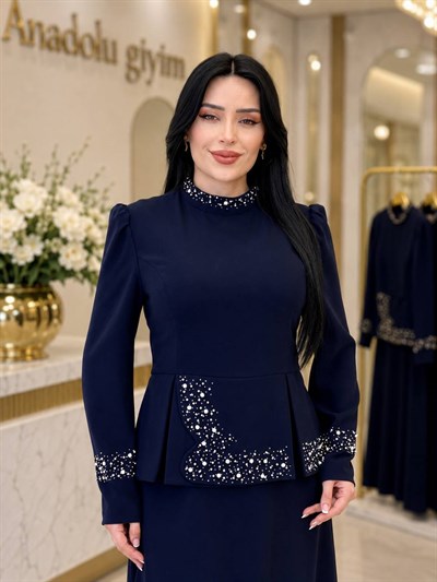 Çakma Taş Takım Görünümlü Elbise 3022 T-26 Lacivert