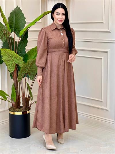 Cam Kırığı Desen Düğmeli Elbise 1780 T-24 Pudra