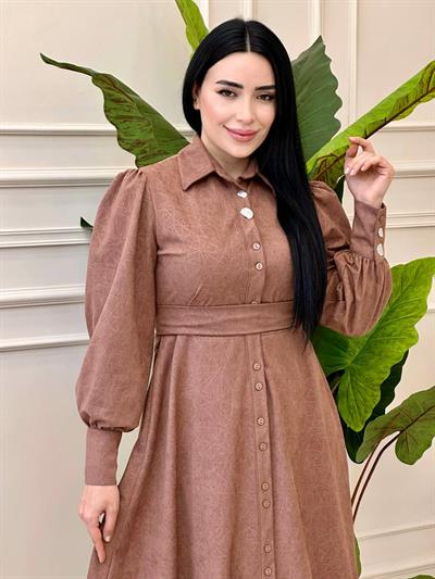 Cam Kırığı Desen Düğmeli Elbise 1780 T-24 Pudra