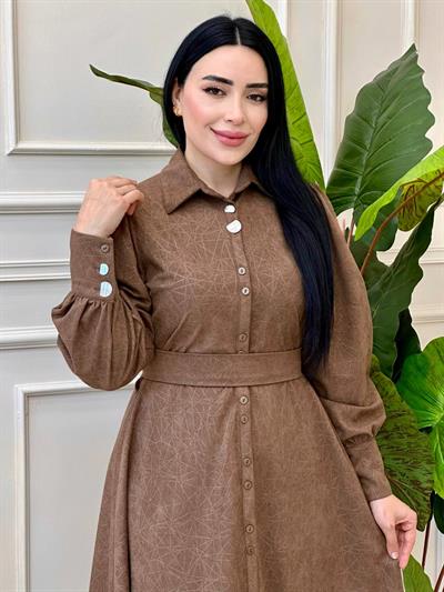 Cam Kırığı Desen Düğmeli Elbise 1780 T-24 Kahverengi