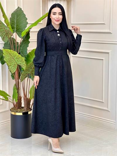 Cam Kırığı Desen Düğmeli Elbise 1780 T-24 Siyah