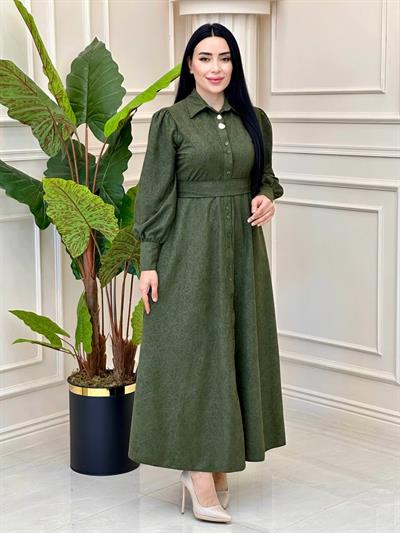 Cam Kırığı Desen Düğmeli Elbise 1780 T-24 Haki