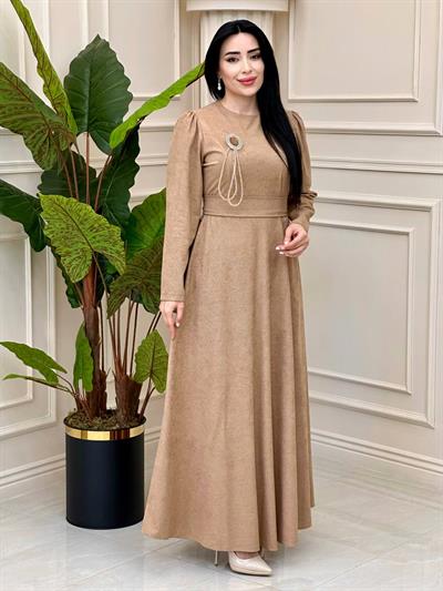 Cam Kırığı Desen Örme Elbise 1781 t-24 Bej