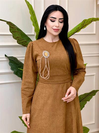 Cam Kırığı Desen Örme Elbise 1781 t-24 Taba