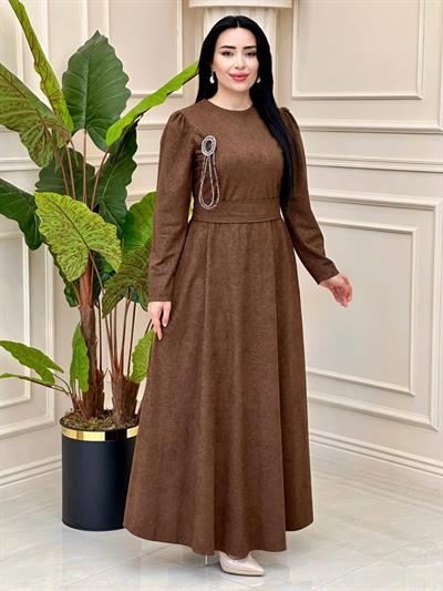 Cam Kırığı Desen Örme Elbise 1781 t-24 Kahverengi