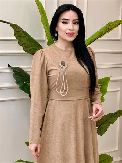 Cam Kırığı Desen Örme Elbise 1781 t-24 Bej