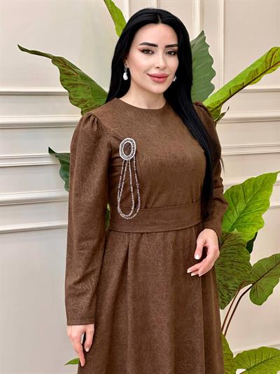 Cam Kırığı Desen Örme Elbise 1781 t-24 Kahverengi