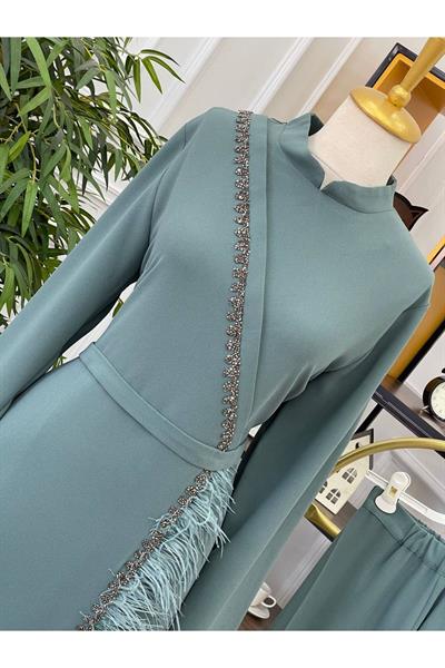 Çapraz taşlı tüylü takım 4106 Mint yeşili