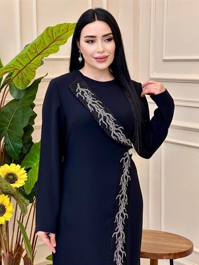Ceket Yaka İşleme Krep Elbise 3004 E025 Siyah