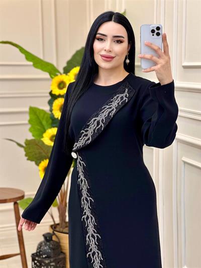 Ceket Yaka İşleme Krep Elbise 3004 E025 Siyah