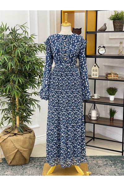 Çiçek Baskı Piliseli Elbise 373 İndigo Mavi