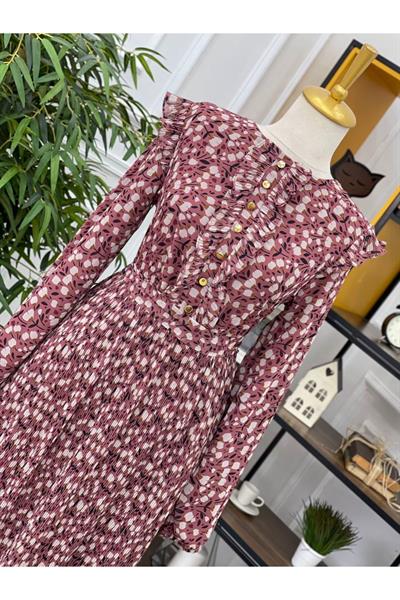 Çiçek Baskı Piliseli Elbise 373 Rose