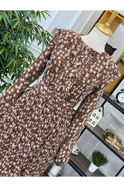 Çiçek Baskı Piliseli Elbise 373 Taba